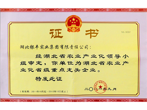 2011年 銀豐集團榮獲湖北省農業産業化省級重點龍頭企業 2011年 銀豐集團榮獲湖北省農業産業化省級重點龍頭企業