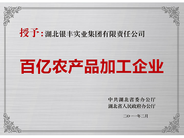 2011年 銀豐集團榮獲湖北省百億農産品加工企業稱号 2011年 銀豐集團榮獲湖北省百億農産品加工企業稱号