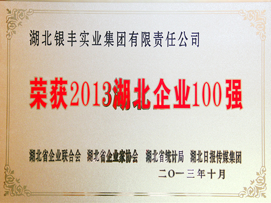 2013年 銀豐集團榮獲2013年度湖北百強企業50位 2013年 銀豐集團榮獲2013年度湖北百強企業50位