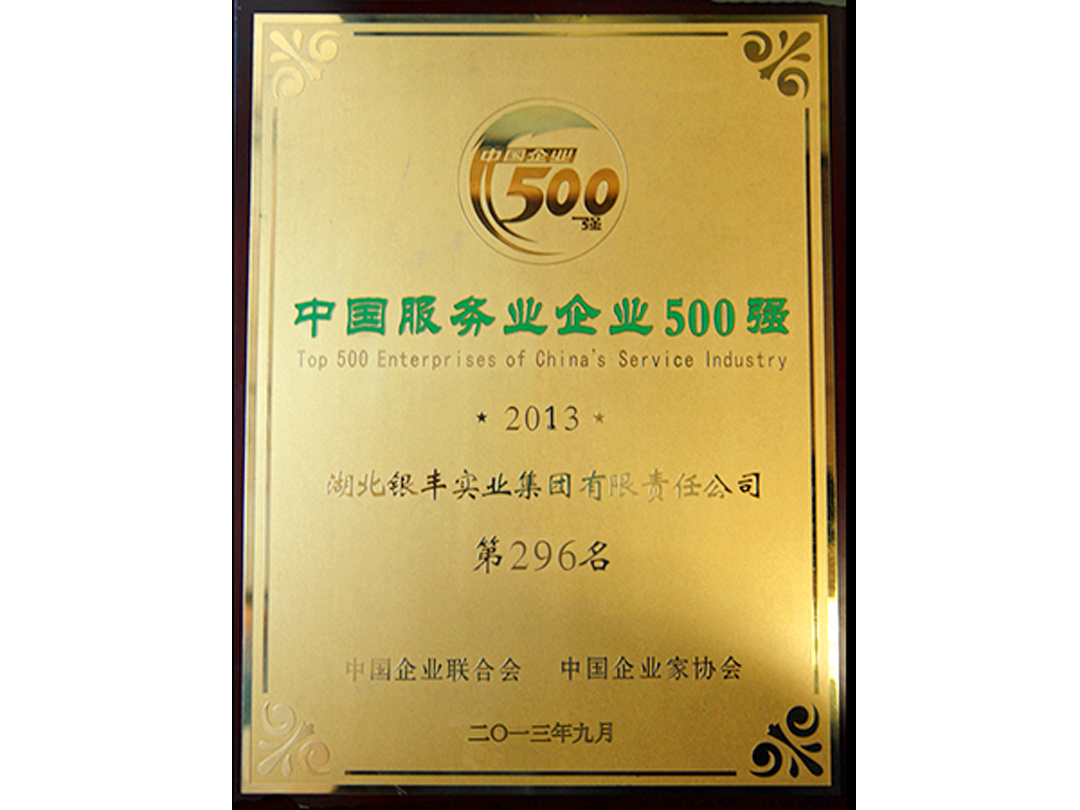 2013年 銀豐集團榮獲2013年度中國服務業企業500強296位 2013年 銀豐集團榮獲2013年度中國服務業企業500強296位