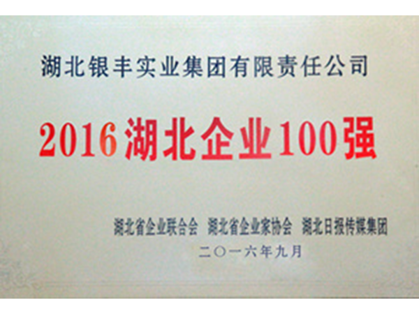 2016年 銀豐集團榮獲湖北企業100強稱号